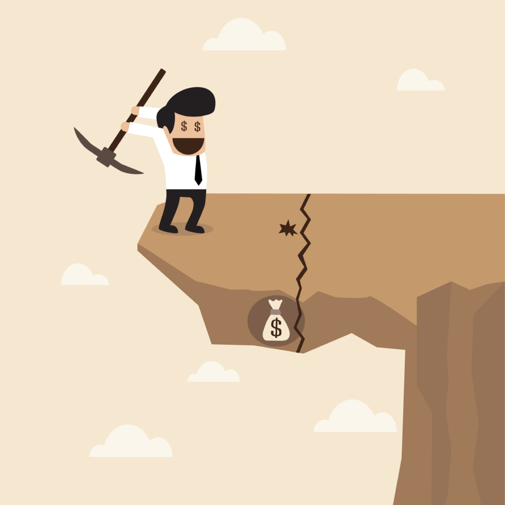 Man pickaxing a cliff to get to money